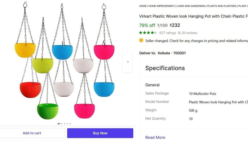 🔥  Hanging Pot with Chain (Pack of 10, Plastic) @ ₹232