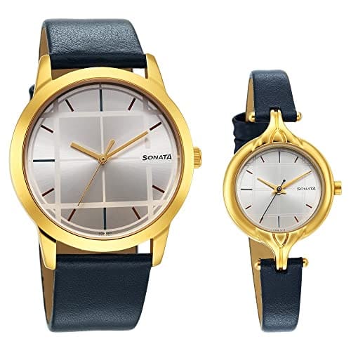 Sonata Quartz Analog Silver Dial Leather Strap Watch for Cou...
