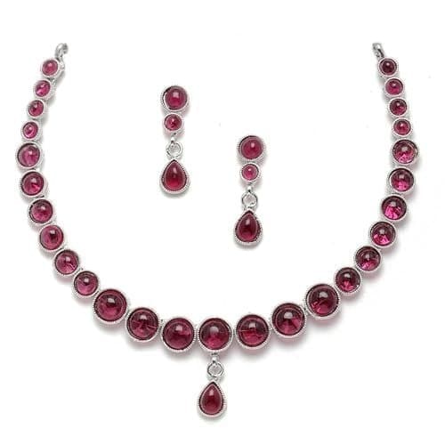 🛒 ZENEME Oxidised Silver Finish Ruby Red Cubic Zirconia Necklace Set for Women & Girls Antique Oxidized Round CZ Jewellery Set with Earrings