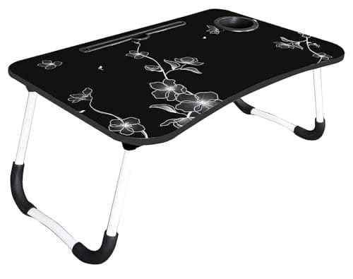 🛒 AUNO Stylish Multi-Purpose Portable Laptop Table, Foldable Wooden Desk for Bed Tray, Laptop Table, Study Table with Mug Holder, Ergonomic, Non-Slip Legs in Bed Table (Black FLOWERRR)