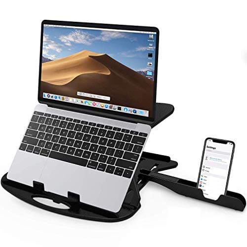 🛒 STRIFF Adjustable Laptop Tabletop Stand Patented Riser Ventilated Portable Foldable Compatible with MacBook Notebook Tablet Tray Desk Table Book with Free Phone Stand (Black)