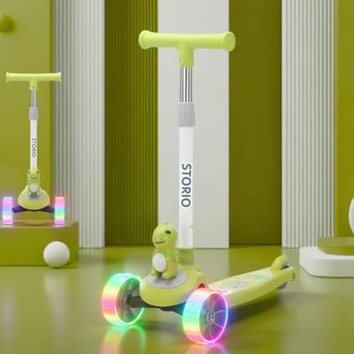 🛒 Storio Zoomie Kids Kick Scooter with LED Wheels | 3 Wheel Scooter for Kids | Adjustable Height Handle, Foldable & Lightweight | Balance Scooter Ride-On Toy for Boys & Girls Age 3+ – Dino Green