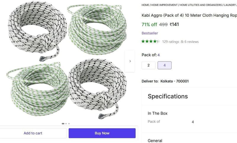 🔥  (Pack of 4) 10 Meter Cloth Hanging Rope @ ₹141