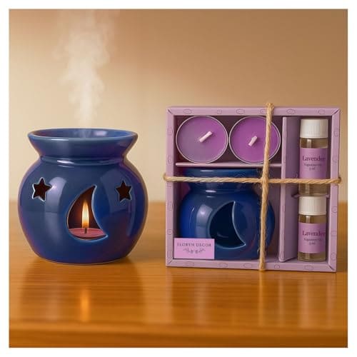 🛒 Floryn Decor Ceramic Oil Diffuser Set with 5ml Essential Oil & 2 Tealight Candles | Aromatherapy Burner for Home, Bedroom, Spa & Office | Relaxing Fragrance, Compact Size – Gift Pack Blue