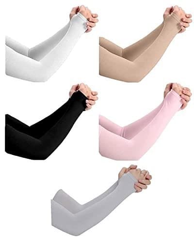 🛒 NESVIB 5 Pairs Biker/Sports Full Arm Fingerless Sleeves Gloves for UV, Dust, Summer, Sun Protection for men, Girls and Women (Black, Beige, White, Grey & Pink)