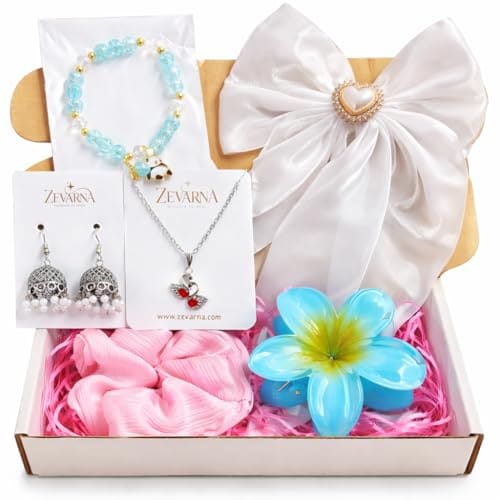 🛒 Zevarna Gift Hamper for Woman & Girls Under 300 | Cute Accessories Gift Set with Earrings, Bracelet, Necklace & Scrunchie | Birthday Gift for Girlfriend, Sister, Teen Girls | Kitty Party Return Gifts | Set of 6 Items | Random Colors and Designs for Surprise