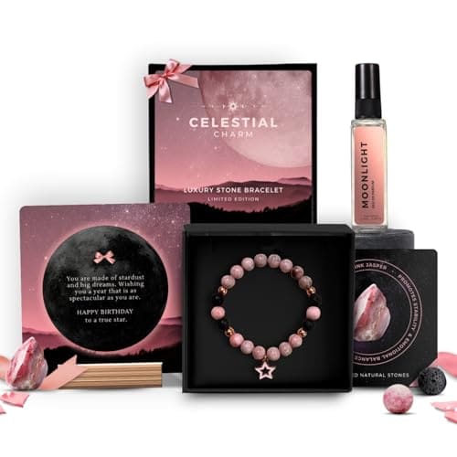 🛒 5 Senses Co. Luxury Celestial Bracelet Gift Set Combo for Women | Gift for Women, Mother, Sister, Friend, Girlfriend, Birthday | Couple Gifts | Certified Natural Stone Crystal Bracelet with Metallic Charm & Long Lasting Luxurious Moonlight Perfume | Birthday Card