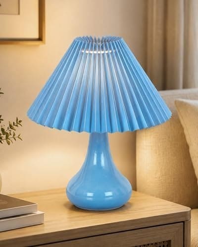 🛒 Homesake® Modern Small Ceramic Table Lamp, Classic Bedside Desk Lamp for Living Room Bedroom, Farmhouse Home Decor Nightstand Lamps Light with Fabric Pleated Shade, (Turquoise Pleated Shade)