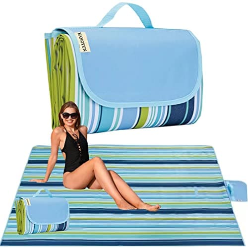 🛒 K Y KANGYUN Beach Blanket Outdoor Picnic Blankets Mat 80"x60" Extra Large Waterproof Sand Proof Camping Blanket Lightweight Folding Portable Travel Blanket for Family Park Beach Grass (Blue Line)