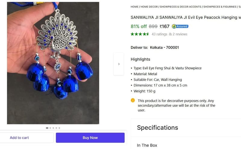 🔥  Evil Eye Peacock Hanging with Bells @ ₹167
