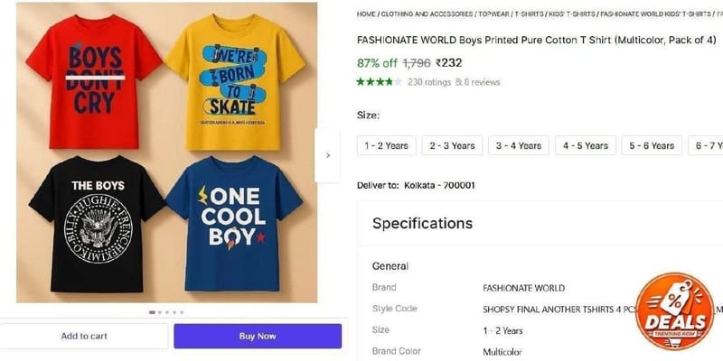 🛍️ Boys Printed T-Shirt (Pack of 4) at ₹232