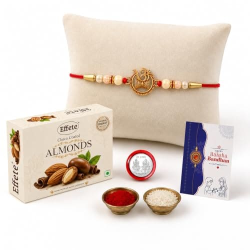🛒 DeoDap Designer Om Damru Rakhi for Brother with Choco Coated Almonds Chocolate 32gm, Pooja Coin, Roli Chawal & Card | Rakhi with Chocolate Combo for Raksha Bandhan