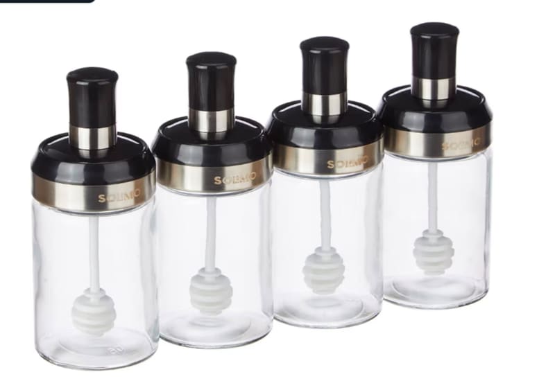 Solimo Borosilicate Glass Sauce Jar with Dipper, Set of 4 (250 Ml Each),Black @374.