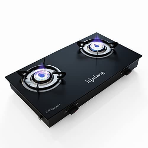 🛒 Lifelong 2 Burner Gas Stove Top for Kitchen - Manual Ignition Cooktop Modern Glass Stove for Modular Kitchen, ISI Certified & Compatible with LPG - 1 Year Manufacturer's (Black, LLGS10)