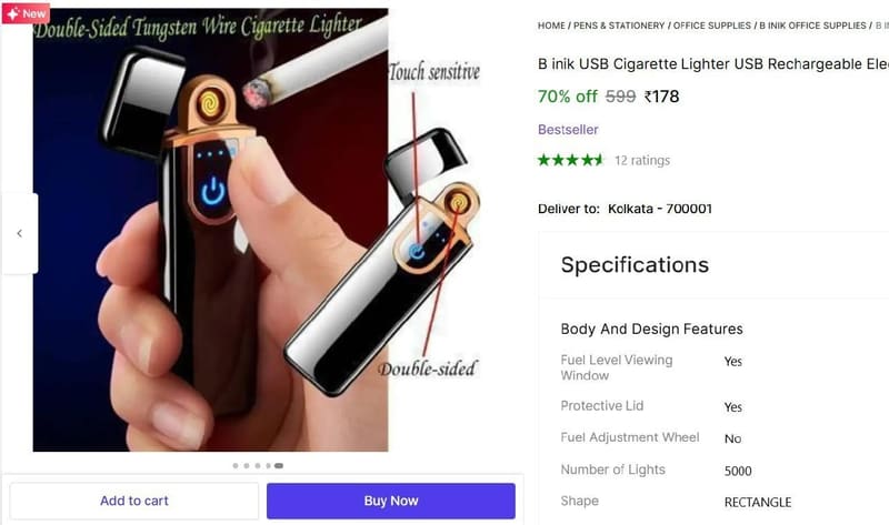 🔥  Cigarette Lighter USB Rechargeable @ ₹178
