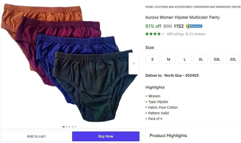 🔥  Women's Hipster Panty, Pack Of 4 @ ₹152
