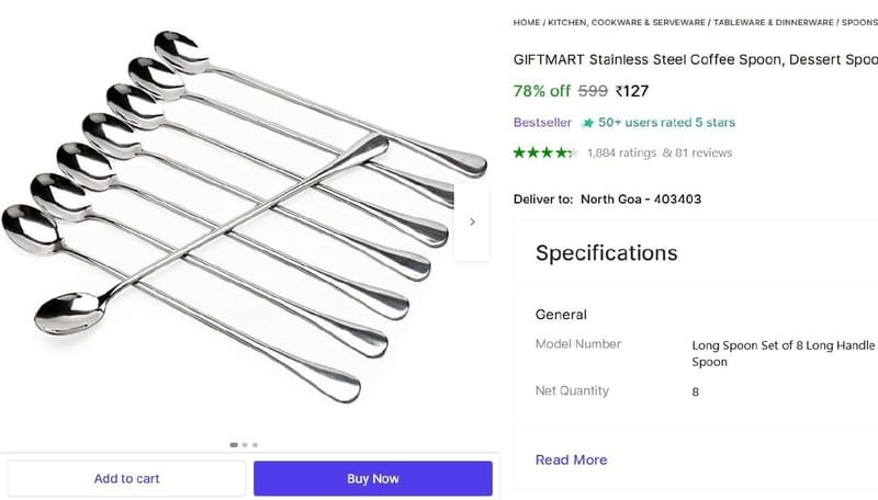 🔥  Stainless Steel Coffee Spoon (Pack of 8) @ ₹127