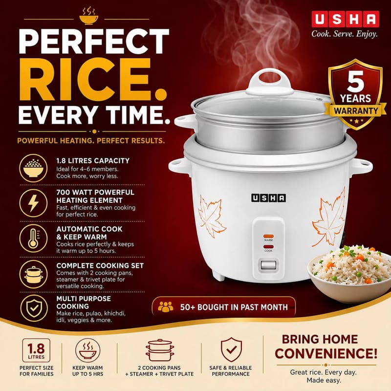 USHA Steamer 700 Watt Automatic Rice Cooker 1.8 Litres @3300