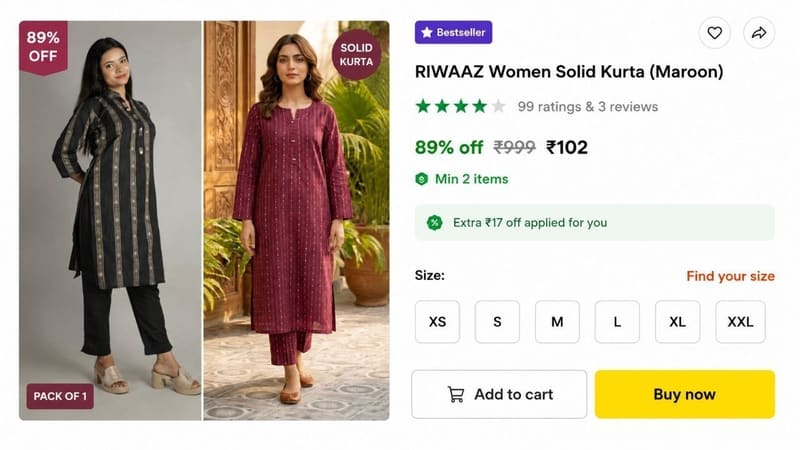 💥 Women Solid Kurta @ ₹102