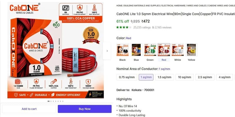 🔥  CabONE Lite 1 Sqmm Electrical Wire|90m @ ₹472