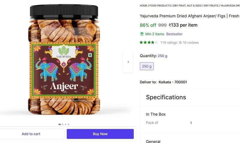🔥  Dried Anjeer Figs (1 x 250 g) @ ₹133
