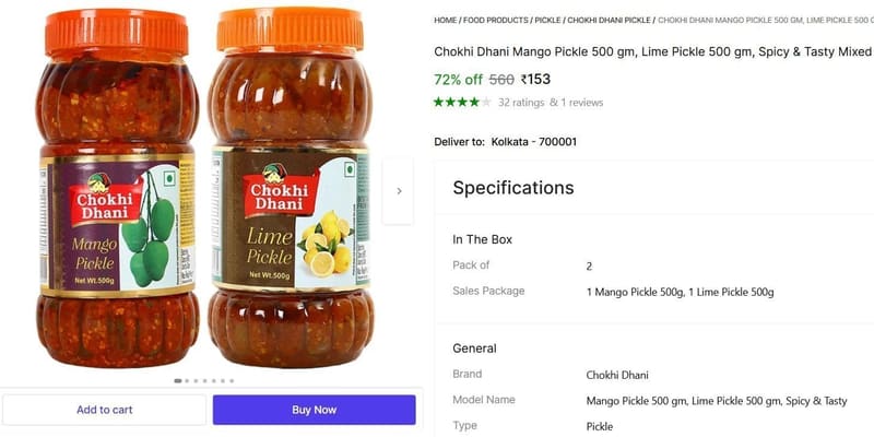 🔥  1 Mango Pickle 500g, 1 Lime Pickle 500g @ ₹153