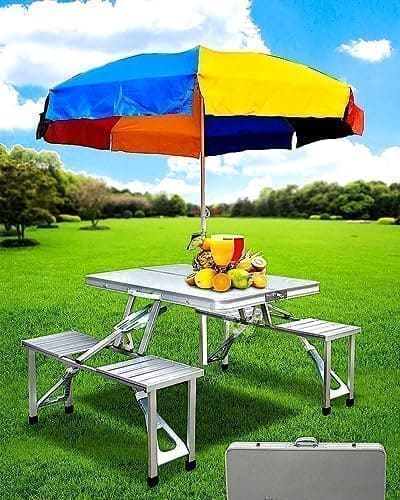 🛒 PUNJAN Folding Aluminum Picnic Table, Camping Table with 4 Seats and Umbrella Hole, Lightweight Suitcase Outdoor, Portable Camping Chairs for Travel Outing Gathering BBQ & Patio, Garden and Beach