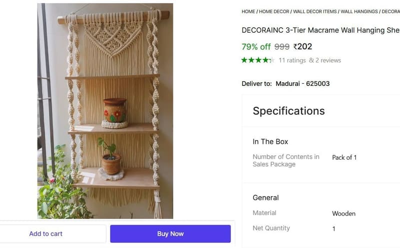 🔥  Macrame Wall Hanging Shelf @ ₹202