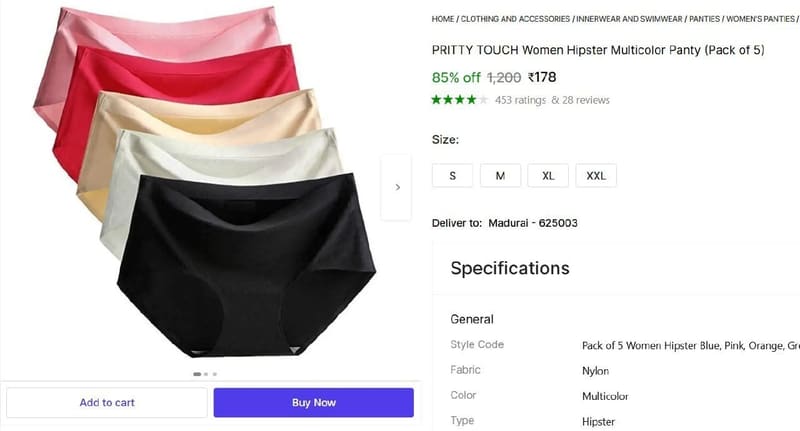 🔥  (Pack of 5) Women Hipster Panty @ ₹178