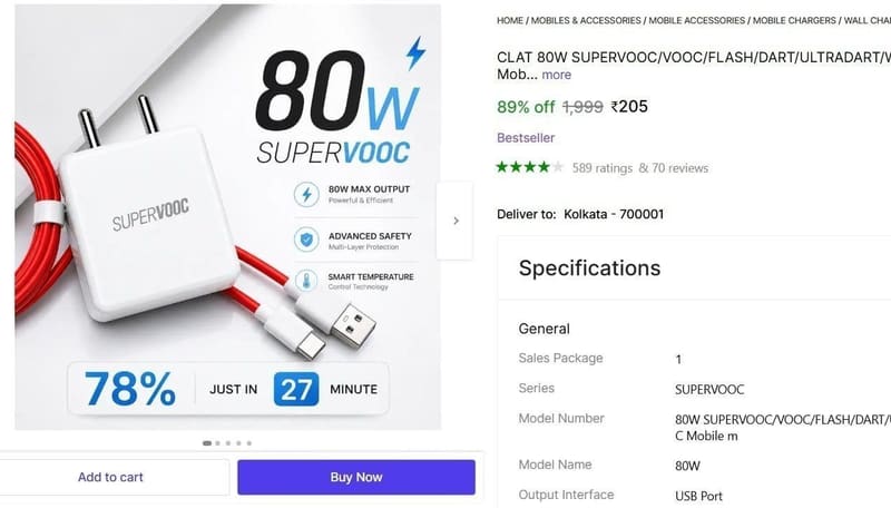 80W SUPERVOOC Mobile Charger with Detachable Cable @ ₹205