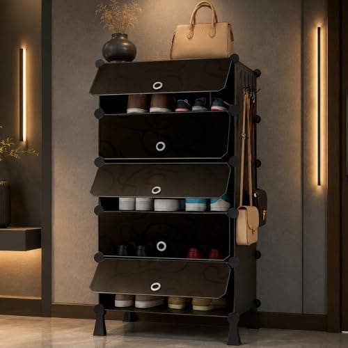 🛒 AYSIS Premium Foldable Plastic Shoe Rack for Home, 𝟓 𝐃𝐨𝐨𝐫 𝟓 𝐒𝐡𝐞𝐥𝐟, Magnets, 5 Hook Steel Holder, Shoe Organizer, Portable Space Saving Storage for Entryway, Bedroom & Living Room, Black