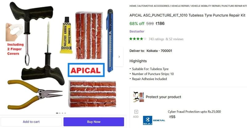 🔥  Tubeless Tyre Puncture Repair Kit @ ₹186