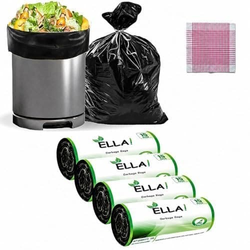 🛒 Ella Garbage Bags Large 24x32 Inches | 60 Bags 4 Rolls | Leak Proof & Tear Resistant Trash Bags for Kitchen Home & Commercial Use | Dustbin Bags For Dry & Wet Waste With Free Check Duster Cloth -Black