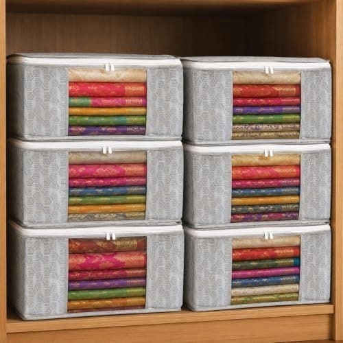 🛒 Homestrap Set of 6 Non-Woven Printed Saree Cover/Cloth Storage/Wardrobe Organizer For Clothes with Transparent Window (Grey)(Shark Tank Featured) 45cmx33cmx22cm