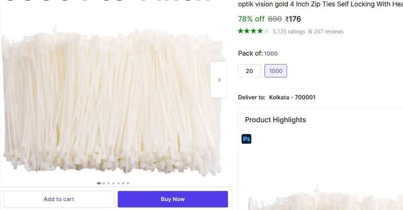 🔥  Pack of 1000, 4 Inch Zip Ties @ ₹176