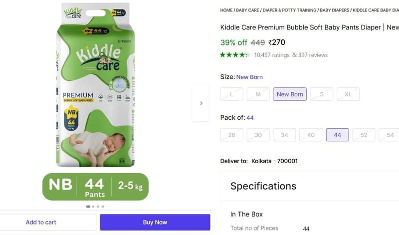 🔥  Kiddle Care Premium Bubble Soft Baby Pants Diaper New Born (44 Pieces) @ ₹270