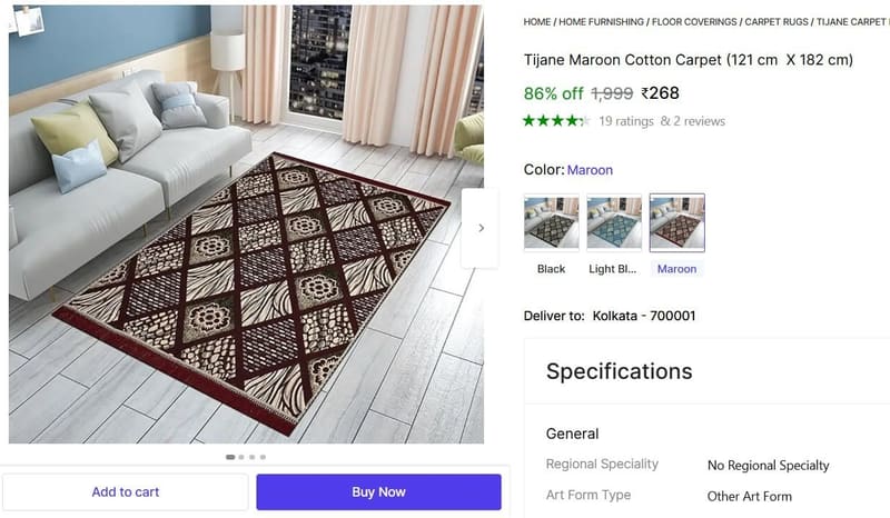 🔥  Maroon Cotton Carpet (121 cm  X 182 cm) @ ₹268