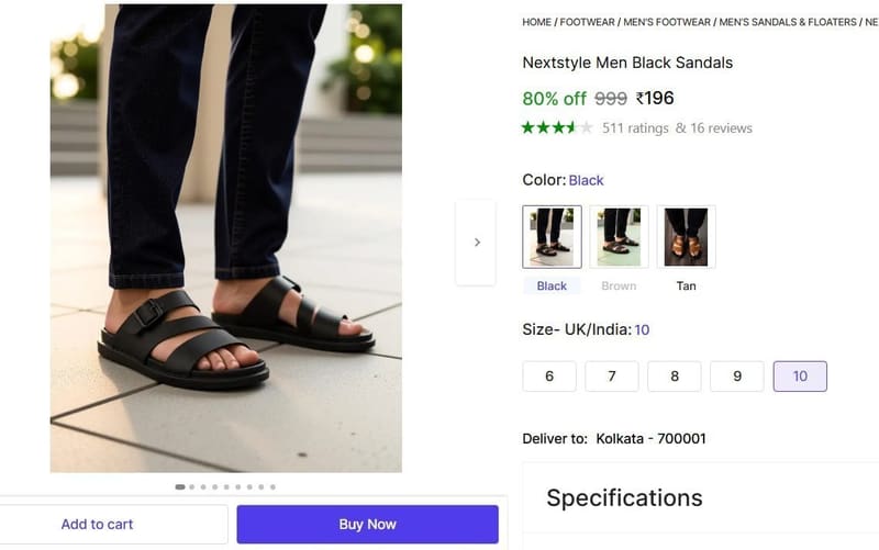 🔥  Men's Black Sandals @ ₹196