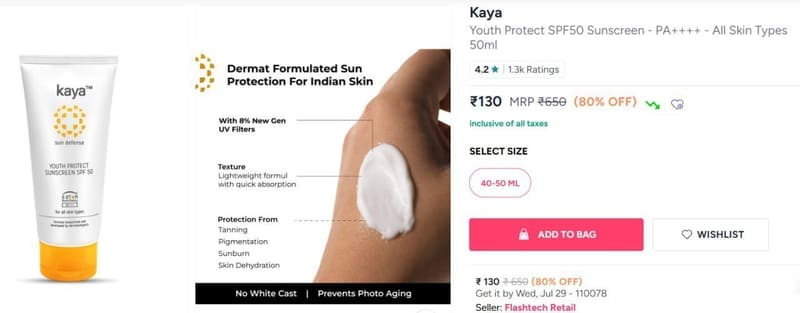 Myntra | Flat 80% Off On Kaya Youth Protect SPF50 Sunscreen - PA++++ - All Skin Types 50ml @130