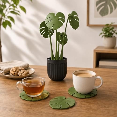 🛒 Pack of 1 Monstera Leaf Coaster Set with Pot | Artificial Plants with Pot | Home decore | Multi-Purpose Heat Resistant Coasters & Table Trivets for Personal/Office/Home/Restaurant (1)