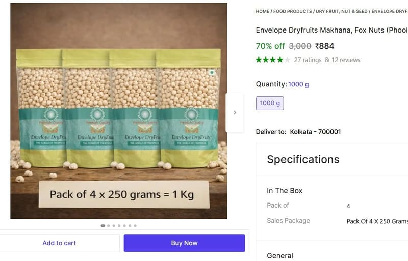 🔥  Lowest : Makhana, 1 Kg (250g x 4) @ ₹884