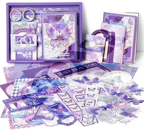 🛒 GDNK 346pcs Vintage Journal Scrapbook Pack Kit for Art Journaling Bullet, Planners DIY Paper Stickers, Craft Kits Notebook, Collage Album Aesthetic Sticker (Moonlight) (Purple Butterfly)