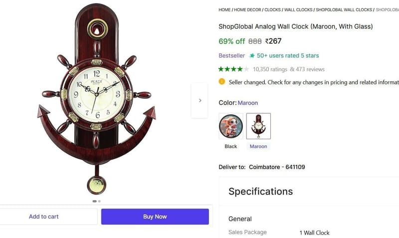 🔥  Analog Wall Clock (Maroon, With Glass) @ ₹267