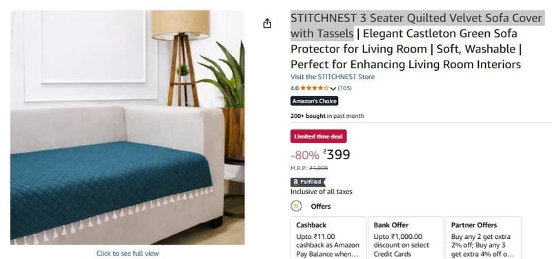 Amazon | Flat 80% Off on STITCHNEST 3 Seater Quilted Velvet Sofa Cover with Tassels @ ₹ 399