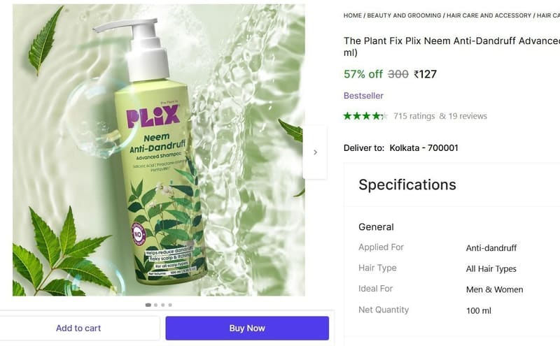 🔥  The Plant Fix Plix Neem Anti-Dandruff Advanced Shampoo, 100ml @ ₹127