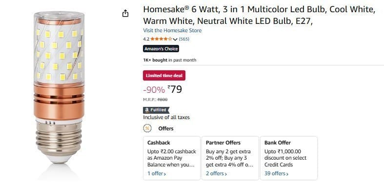 Amazon | Flat 90% Off on Homesake® 6 Watt, 3 in 1 Multicolor Led Bulb @ ₹ 79