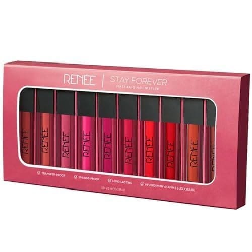 🛒 RENEE Stay Forever Matte Liquid Lipstick Combo | Transfer & Smudge-Proof | Long Lasting | Infused with Vitamin E & Jojoba Oil | Perfect for Gifting, Wedding & Special Occasions | Travel Pack of 10