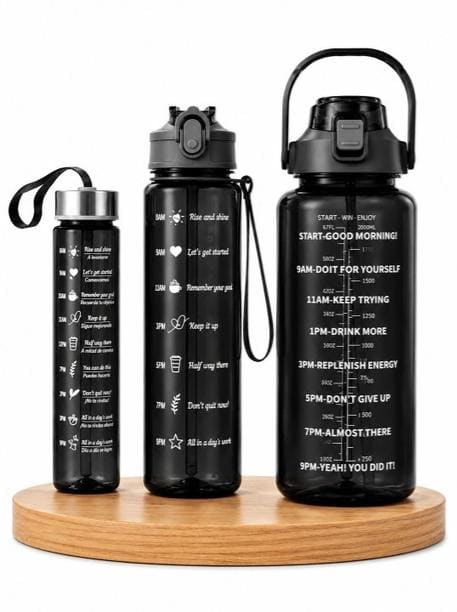 🔥 Aura Black Set of 3 Plastic Typography Water Bottles 💧🖤