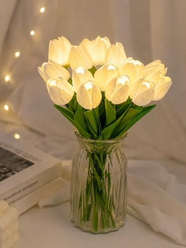 🛒 MoonlitDreams Artificial White Tulip Flower Lamp with LED Lights, 5 Tulip Bouquet Night Light for Bedroom Decor | Battery Operated Aesthetic Room Décor Gift