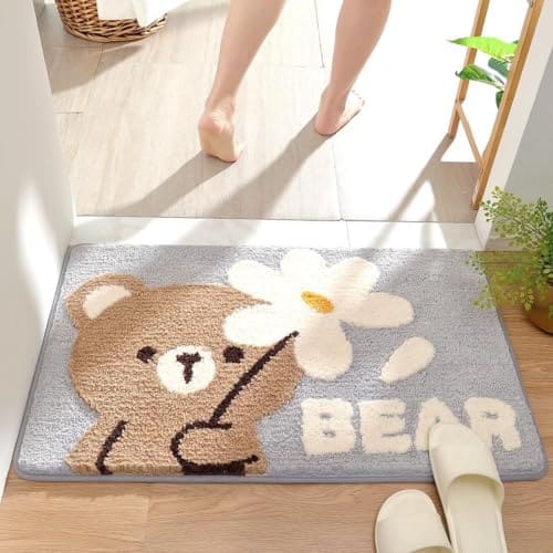 🛒 Gavi Enterprise Cartoon Bath Mat with Bear and Flower Design, Grey Background Soft Absorbent Bathroom Rug Non Slip Bath Mat Machine Washable Fluffy Floor Mat for Shower, Bedroom, Balcony (60x40 Cm)